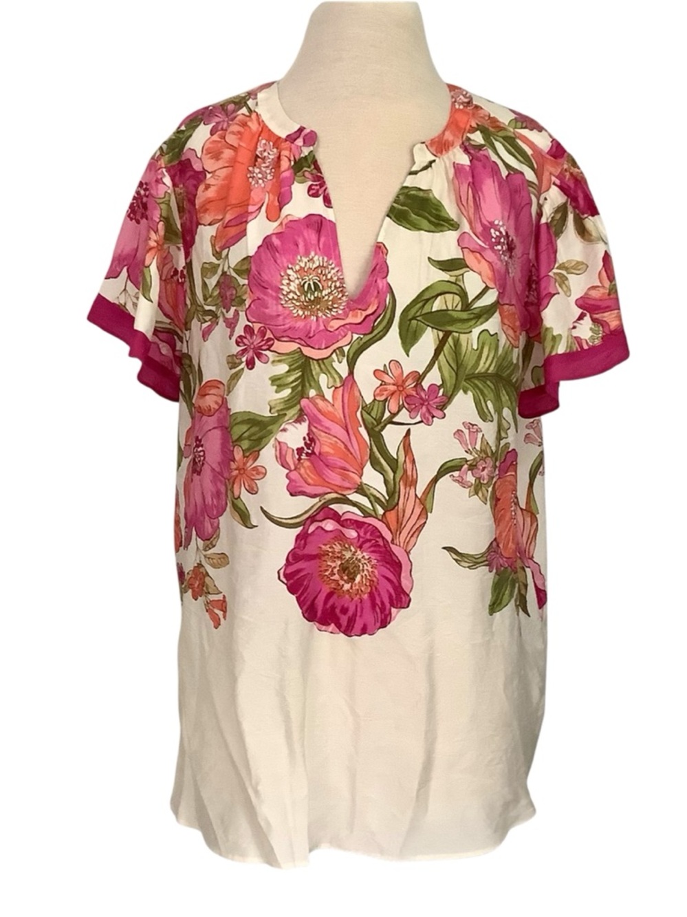 NWT Lane Bryant Pink Floral V-Neck Blouse with Green Accents